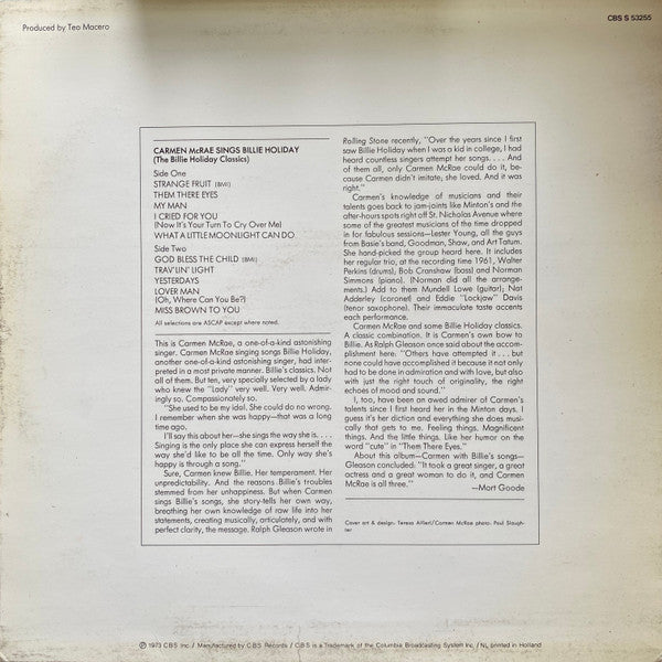 Carmen McRae : Sings Billie Holiday (The Billie Holiday Classics) (LP, Album, RE)