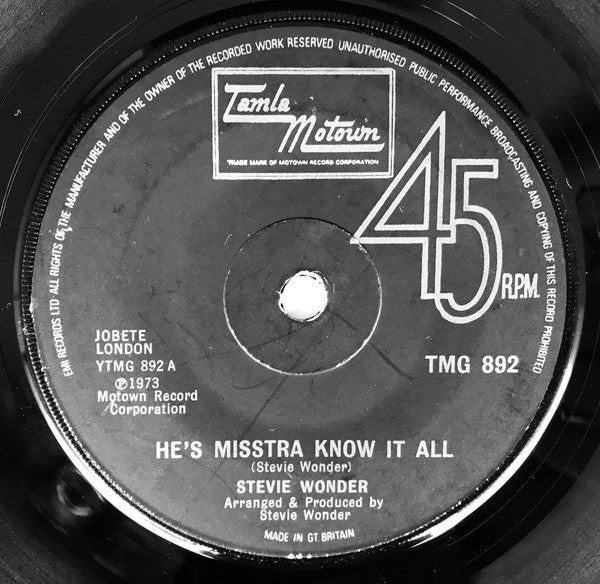 Stevie Wonder : He's Misstra Know It All (7", Single, Sol)