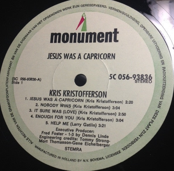 Kris Kristofferson : Jesus Was A Capricorn (LP, Album, Gat)