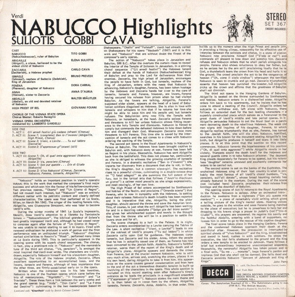 Giuseppe Verdi, Elena Souliotis, Tito Gobbi, Carlo Cava, Wiener Staatsopernchor And Orchester Der Wiener Staatsoper, Lamberto Gardelli : Nabucco Highlights (LP)