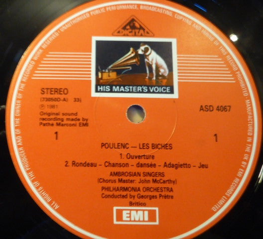 Francis Poulenc, The Ambrosian Singers, Philharmonia Orchestra, Georges Prêtre : Les Biches  Complete Ballet / Matelote Provençale / Pastourelle / Bucolique (LP, Album, Dig)