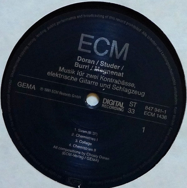 Christy Doran / Fredy Studer / Bobby Burri / Olivier Magnenat : Musik Für Zwei Kontrabässe, Elektrische Gitarre Und Schlagzeug (LP, Album)