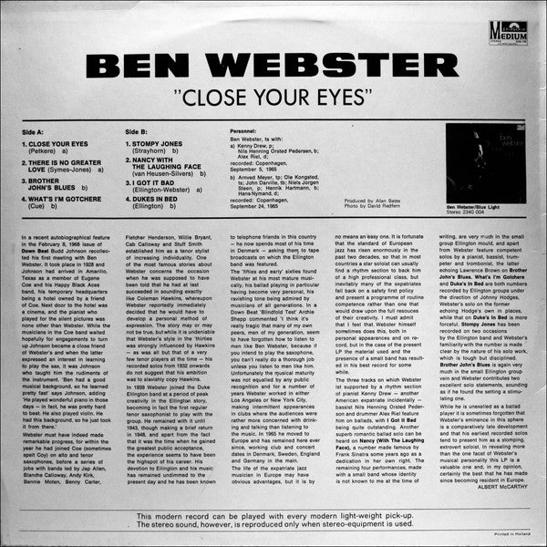 Ben Webster : Close Your Eyes (LP)
