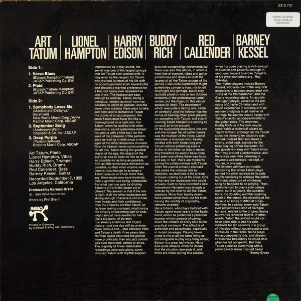 Art Tatum / Lionel Hampton / Harry Edison / Buddy Rich / Red Callender / Barney Kessel : The Tatum Group Masterpieces (LP, Album)