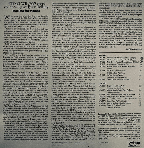 Teddy Wilson And His Orchestra With Billie Holiday : Too Hot For Words (LP, Comp)