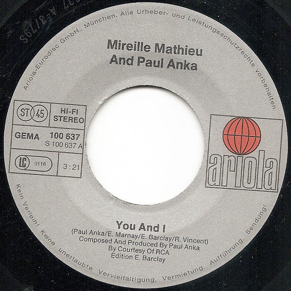 Mireille Mathieu & Paul Anka : You And I / A Man And A Woman (7", Single)