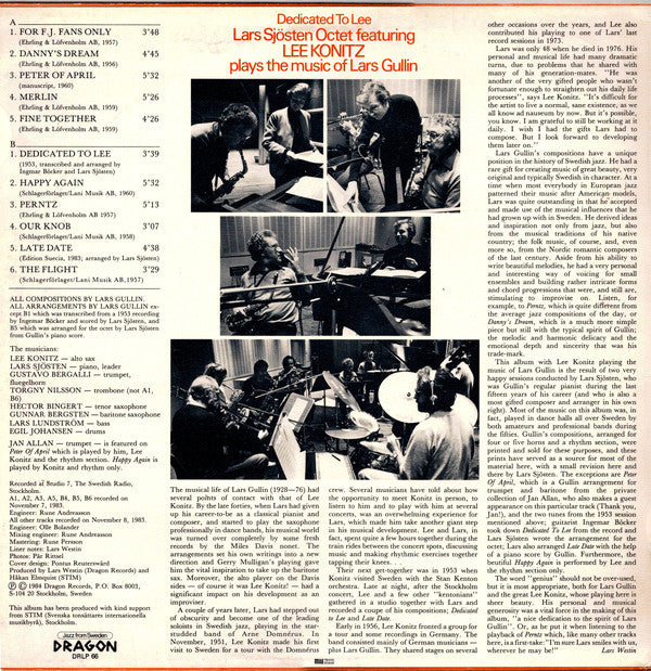 Lars Sjösten Octet Featuring Lee Konitz : Dedicated To Lee (LP, Album)