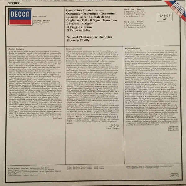 Rossini*, National Philharmonic Orchestra, Riccardo Chailly : 7 Overtures (LP, Album, Dig)