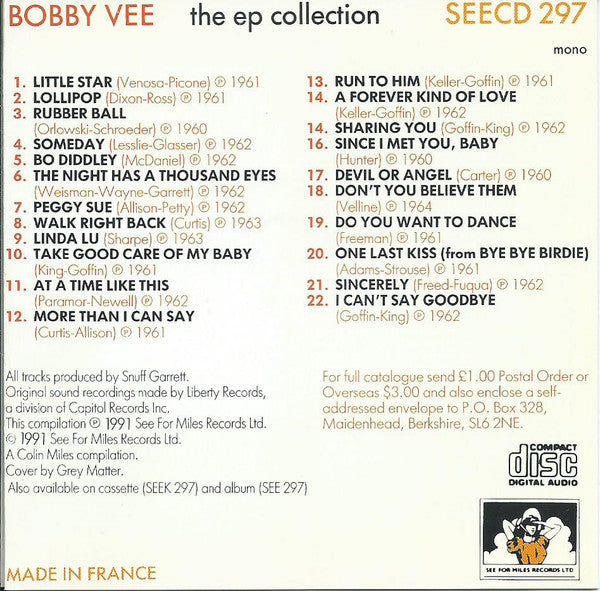 Bobby Vee : The EP Collection (CD, Comp, RE)