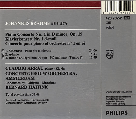 Johannes Brahms - Claudio Arrau, Concertgebouworkest, Bernard Haitink : Piano Concerto No. 1 in D minor, Op. 15 (CD, Album, RM)