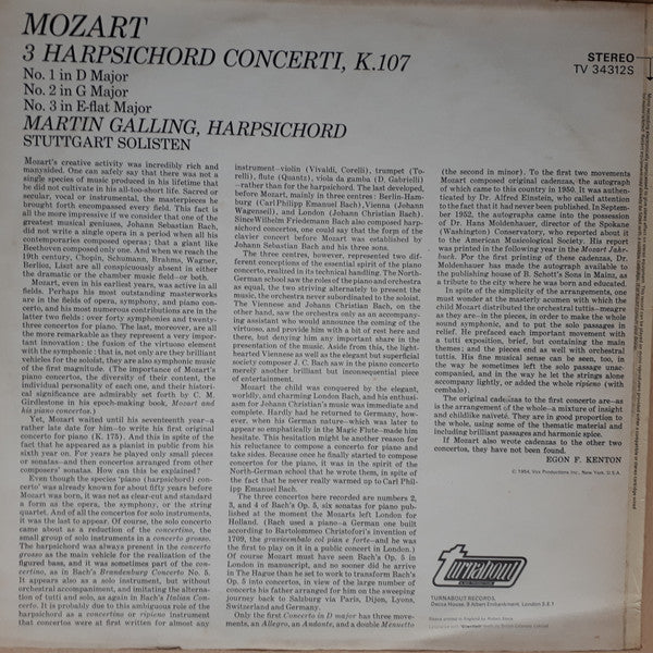 Wolfgang Amadeus Mozart, Martin Galling, Stuttgarter Solisten : 3 Harpsichord Concerti K. 107 (LP)