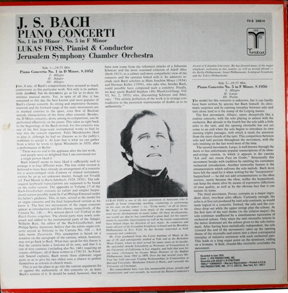 Johann Sebastian Bach - Lukas Foss / Jerusalem Symphony Orchestra : Piano Concerti - No. 1 In D Minor / No. 5 In F Minor (LP, Album)