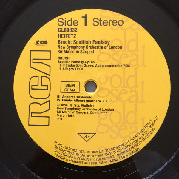 Jascha Heifetz - Max Bruch - Jean Sibelius - Sir Malcolm Sargent - Walter Hendl : Scottish Fantasy Op.46 - Concerto For Violin And Orchestra In D Minor Op.47 (LP, Comp)