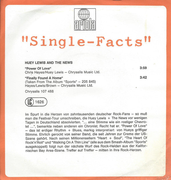 Huey Lewis & The News : The Power Of Love (7", Single)