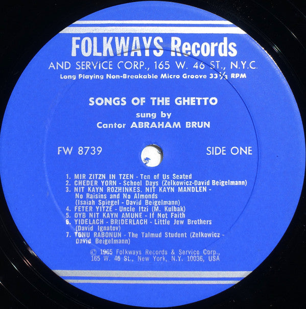 Cantor Abraham Brun : Songs Of The Ghetto (LP, Album)