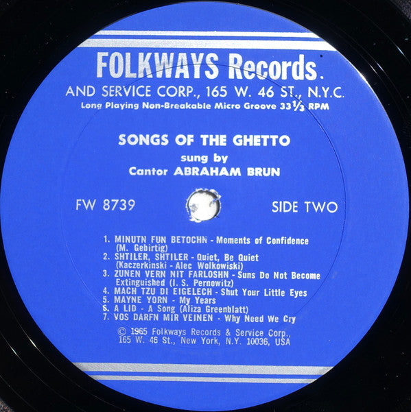 Cantor Abraham Brun : Songs Of The Ghetto (LP, Album)