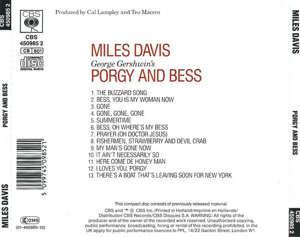 Miles Davis : Porgy And Bess (CD, Album, RE, RM)