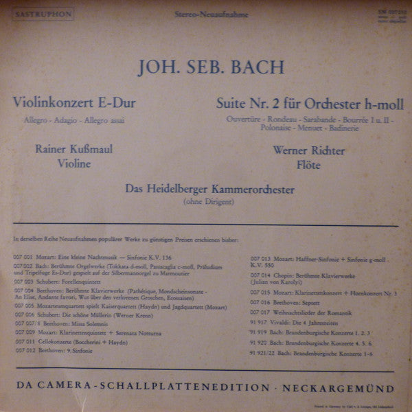 Johann Sebastian Bach, Rainer Kussmaul, Werner Richter (2), Heidelberger Kammerorchester : Violinkonzert E-Dur - Suite H-Moll (LP)