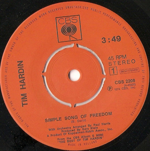 Tim Hardin : Simple Song Of Freedom (7", Single, RE)