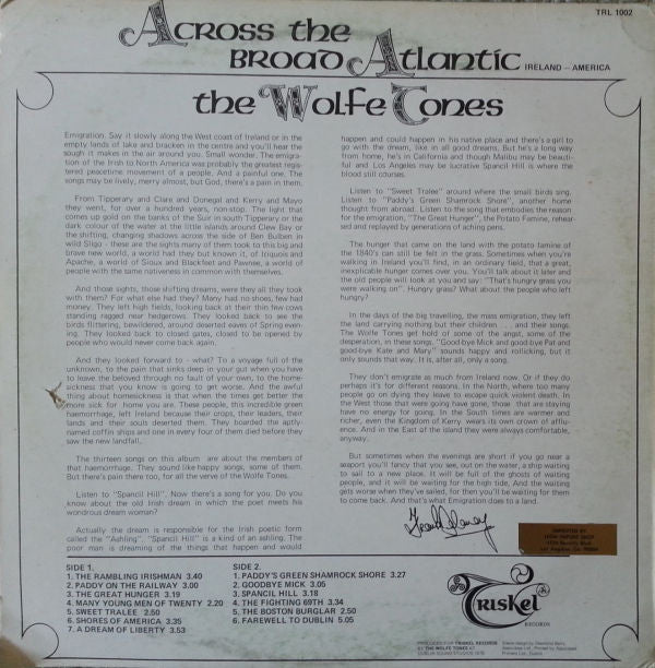 The Wolfe Tones : Across The Broad Atlantic (LP, Album, RP)
