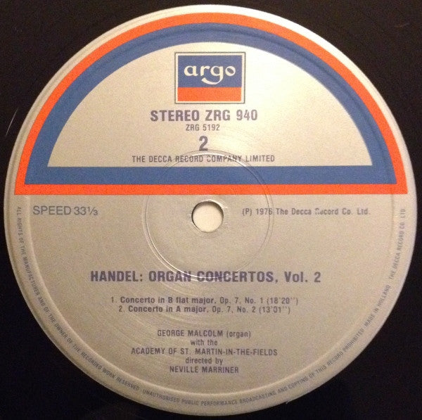 Georg Friedrich Händel, George Malcolm, The Academy Of St. Martin-in-the-Fields, Sir Neville Marriner : Organ Concertos Vol. 2 (LP)