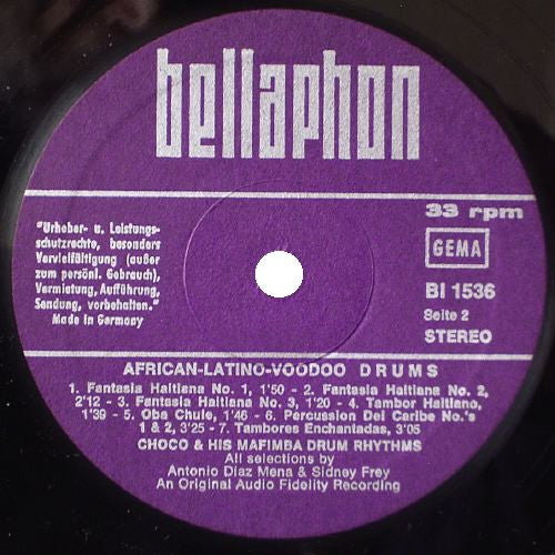 Choco & His Mafimba Drum Rhythms : African Latino Voodoo Drums (LP, Album, RE)