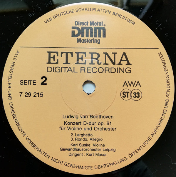 Beethoven*, Karl Suske, Gewandhausorchester Leipzig, Kurt Masur : Violinkonzert (LP)