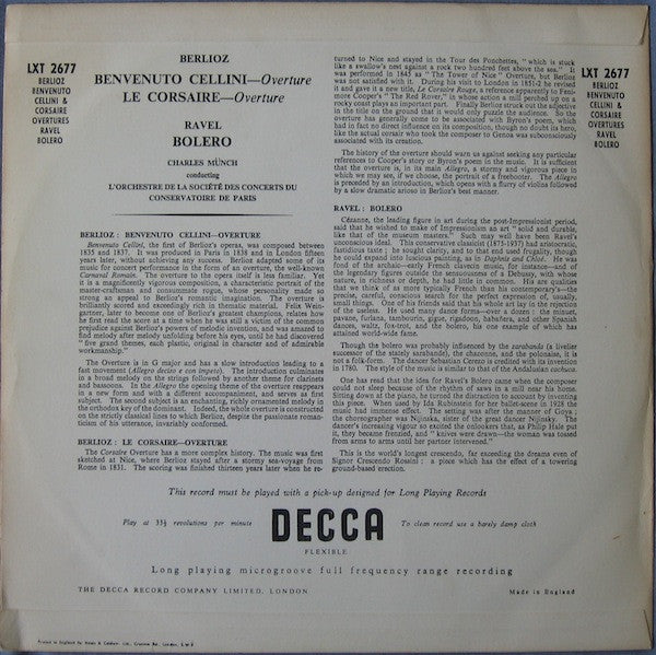 Charles Munch Conducting Orchestre De La Société Des Concerts Du Conservatoire - Hector Berlioz / Maurice Ravel : Benvenuto Cellini & Corsaire Overtures / Bolero (LP, Mono)