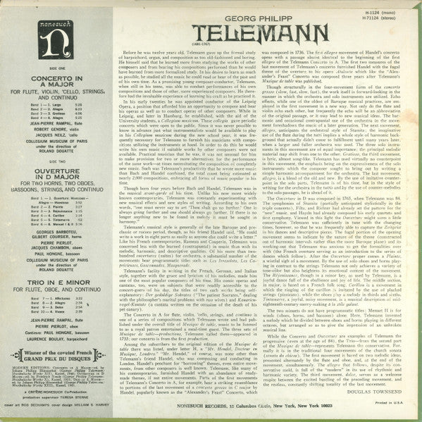 Georg Philipp Telemann - Collegium Musicum De Paris Under The Direction Of Roland Douatte : Concerto In A Major / Ouverture In D Major / Trio In E Minor (LP, Album, RP)
