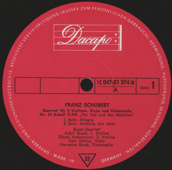 Franz Schubert - The Busch Quartet : Schubert - Streichquartett Nr. 14 In D-Moll D. 810: "Der Tod Und Das Mädchen" (LP, Mono)