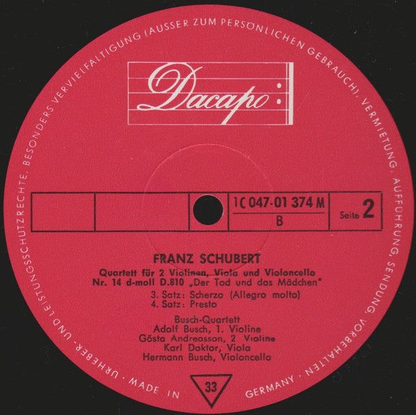 Franz Schubert - The Busch Quartet : Schubert - Streichquartett Nr. 14 In D-Moll D. 810: "Der Tod Und Das Mädchen" (LP, Mono)