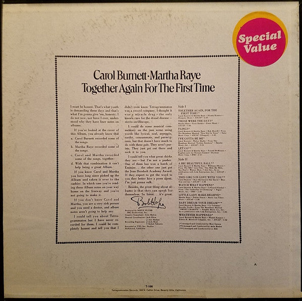 Carol Burnett & Martha Raye : Together Again For The First Time (LP, Album)