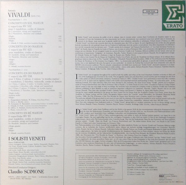 Antonio Vivaldi, Claudio Scimone, I Solisti Veneti : Concerti Per Mandolini RV 93·425·532·558 (LP)
