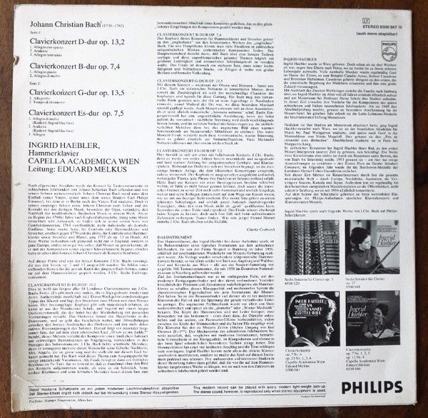Johann Christian Bach - Ingrid Haebler, Capella Academica Wien, Eduard Melkus : Konzerte Für Clavier Und Orchester Op. 7 Nr. 4,5 Und Op. 13 Nr. 2,5 (LP, Album)