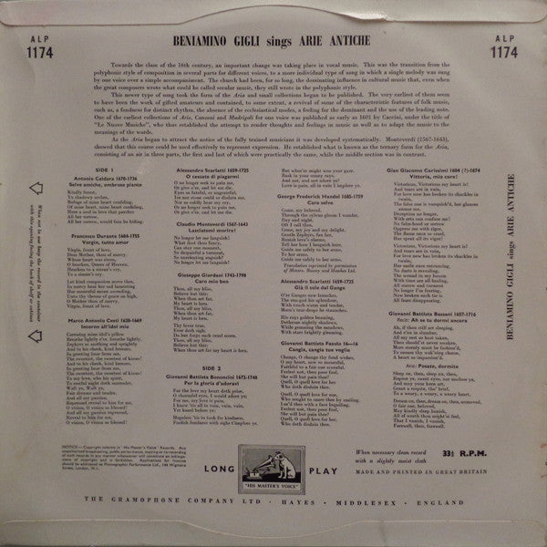 Beniamino Gigli : Italian Classic Songs Of The 17th And 18th Century (LP, Mono)