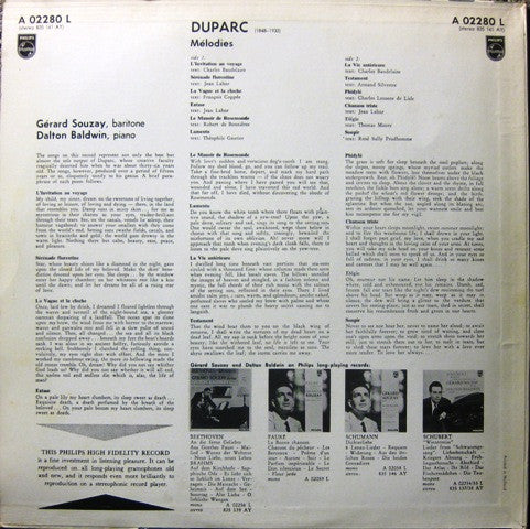 Henri Duparc, Gérard Souzay, Dalton Baldwin : Mélodies (LP, Mono)