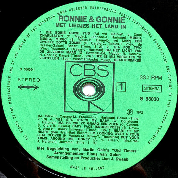 Ronnie Tober & Gonnie Baars Orkestbegeleiding: Martin Gale's "Old-Timers" : Met Liedjes Het Land In (LP)