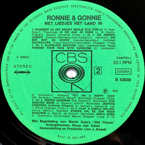 Ronnie Tober & Gonnie Baars Orkestbegeleiding: Martin Gale's "Old-Timers" : Met Liedjes Het Land In (LP)