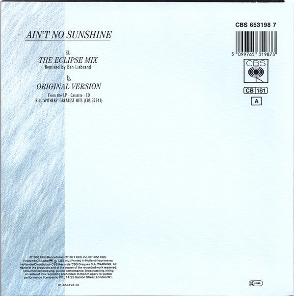 Bill Withers : Ain't No Sunshine (The Eclipse Mix) (7", Single)