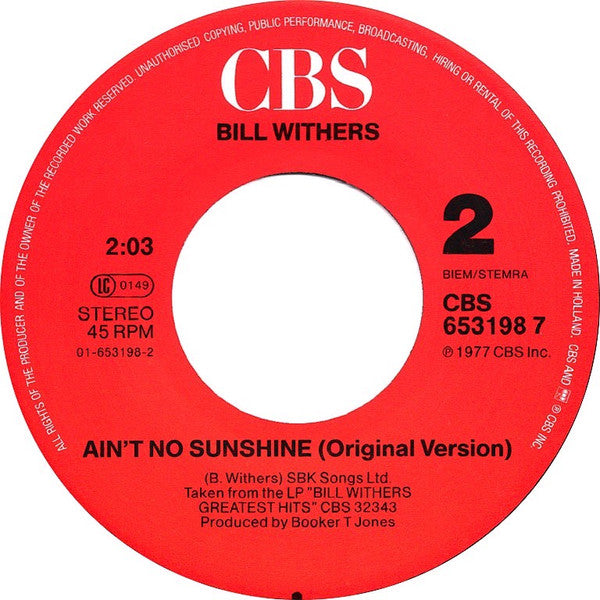 Bill Withers : Ain't No Sunshine (The Eclipse Mix) (7", Single)