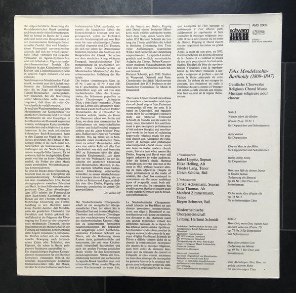 Felix Mendelssohn-Bartholdy - Niederrheinische Chorgemeinschaft, Hartmut Schmidt : Geistliche Chorwerke (LP)