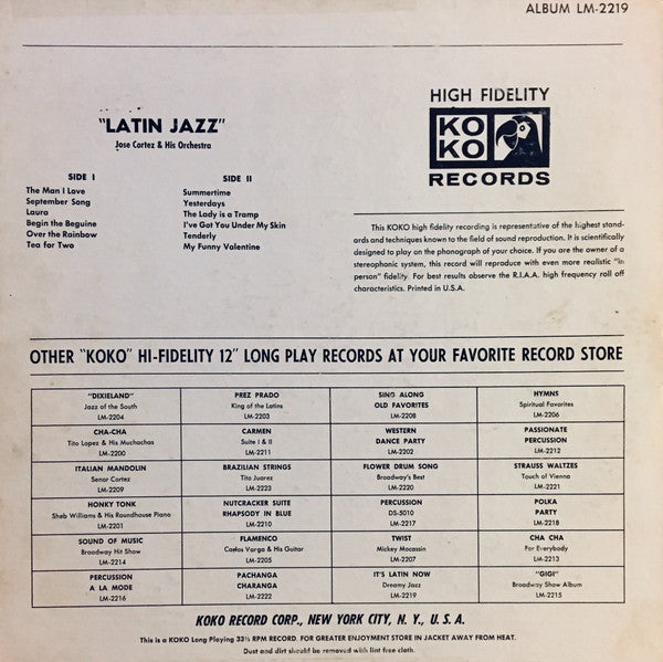 Jose Cortez & His Orchestra* : Latin Jazz (LP, Album, Mono)