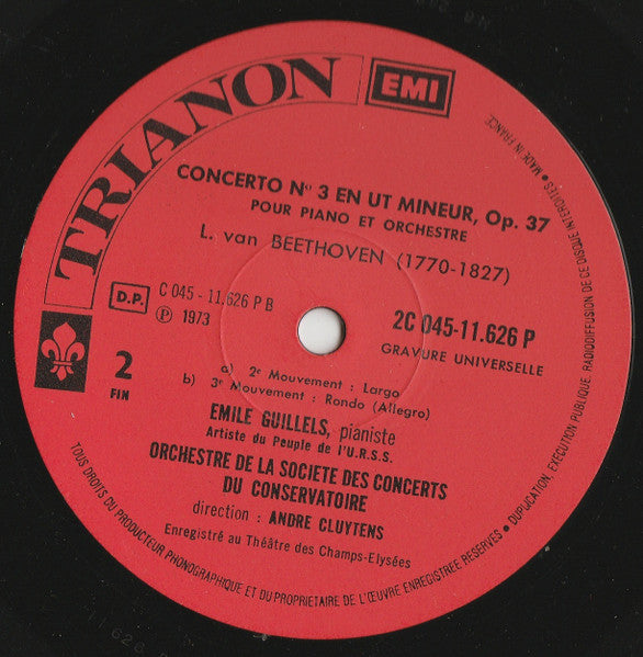 Beethoven*, Emile Guillels*, Orchestre De La Société Des Concerts Du Conservatoire, André Cluytens : Concerto N° 3 En Ut Mineur (LP, RE)