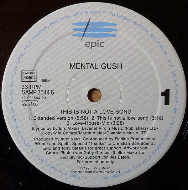 Mental Gush : This Is Not A Love Song (12", Promo)