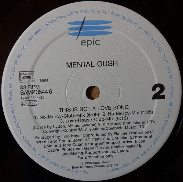 Mental Gush : This Is Not A Love Song (12", Promo)