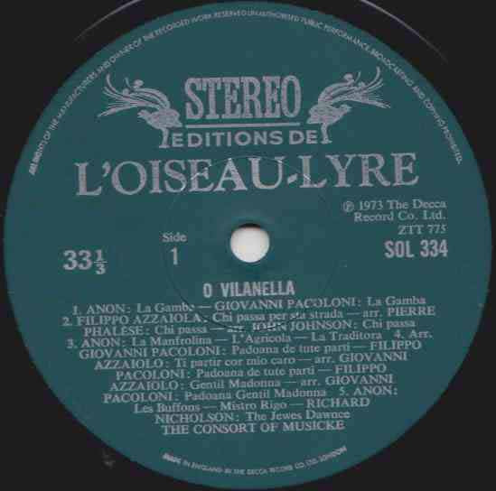 The Consort Of Musicke : O Vilanella (LP)