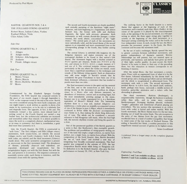 Bartok*, The Juilliard String Quartet* : String Quartets Nos. 5 & 6 (LP, Album, RE)