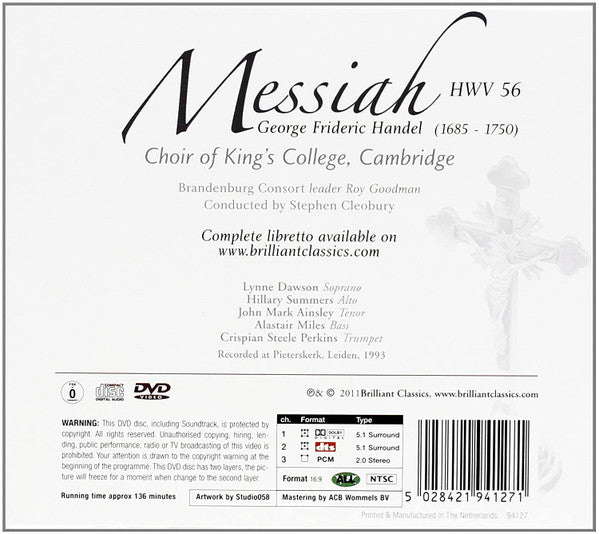 Georg Friedrich Händel - The King's College Choir Of Cambridge, Brandenburg Consort, Roy Goodman, Stephen Cleobury : Messiah (2xCD, Album, RE + DVD-V, Album, RE, NTSC + Box, Sl)