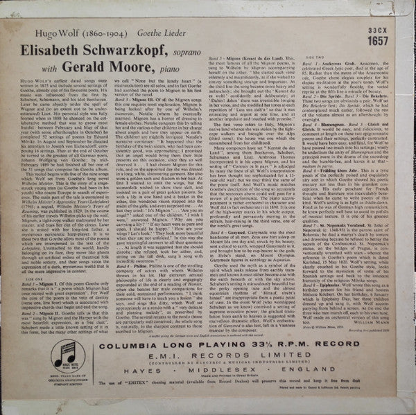 Hugo Wolf, Elisabeth Schwarzkopf, Gerald Moore : Hugo Wolf: Goethe Lieder (LP, Mono)