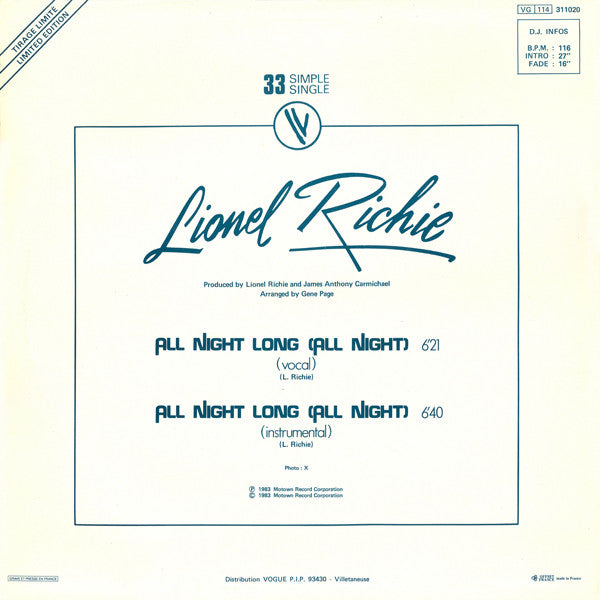 Lionel Richie : All Night Long (All Night) (12", Single, Ltd)